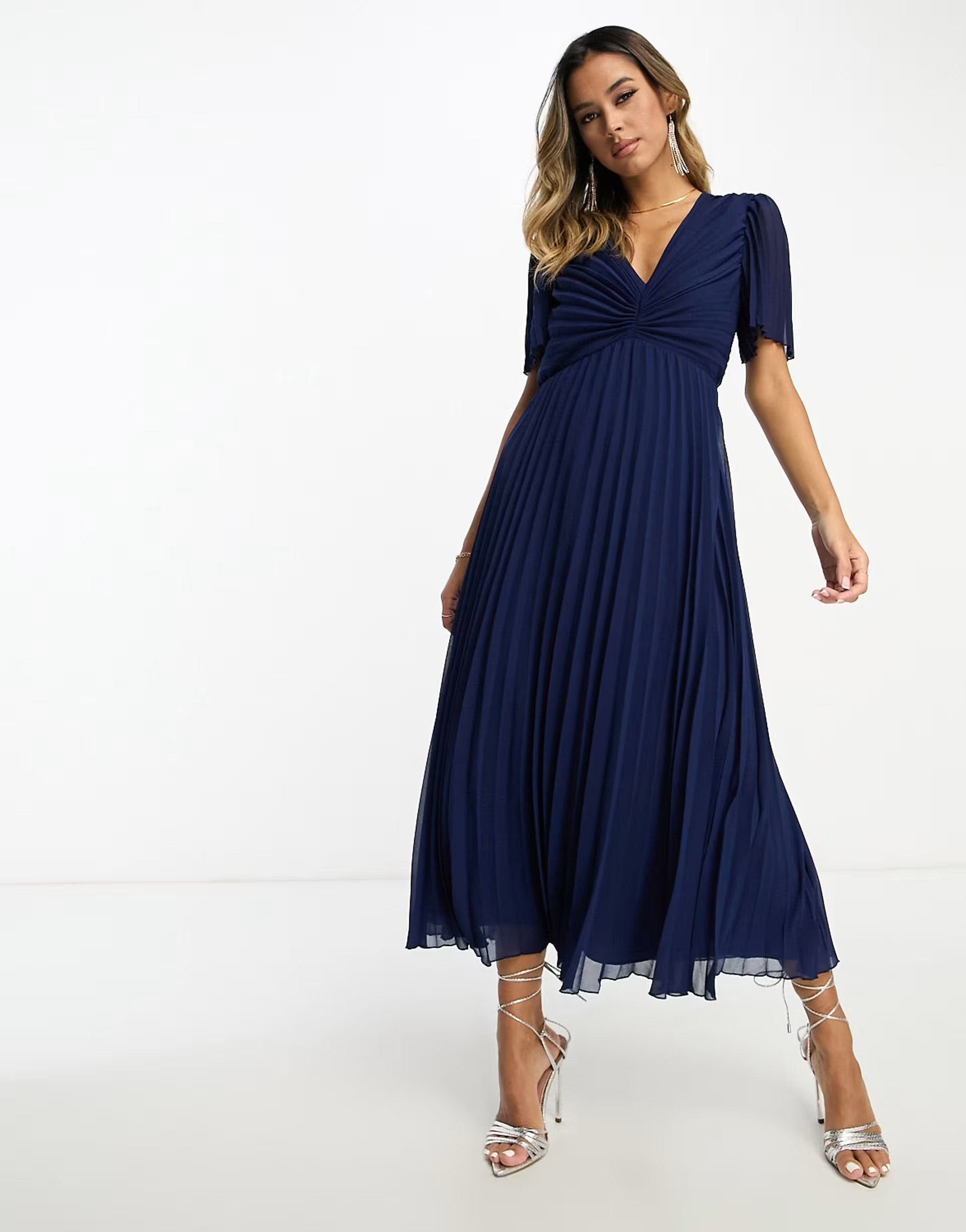 ASOS DESIGN pleated bodice flutter sleeve pleat midi dress in navy | ASOS (Global)