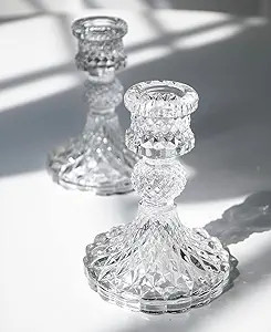 Taper Candle Holders Set of 2, Clear Glass Candlestick Holder Fit 0.8 Inch Candles, 4 Inch Tall C... | Amazon (US)