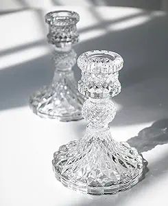 Taper Candle Holders Set of 2, Clear Glass Candlestick Holder Fit 0.8 Inch Candles, 4 Inch Tall C... | Amazon (US)