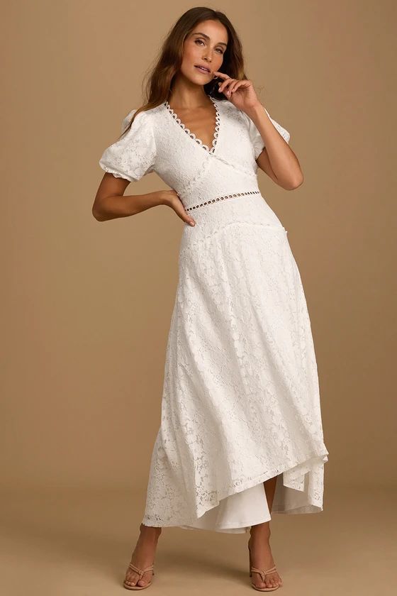 Always in Mind White Lace Puff Sleeve High Low Midi Dress | Lulus (US)