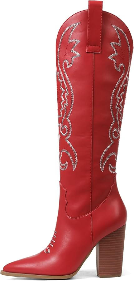 VOMIRA Knee High Cowboy Boots for Women Pointed Toe Chunky High Heels Pull-on Embroidered Boots W... | Amazon (US)