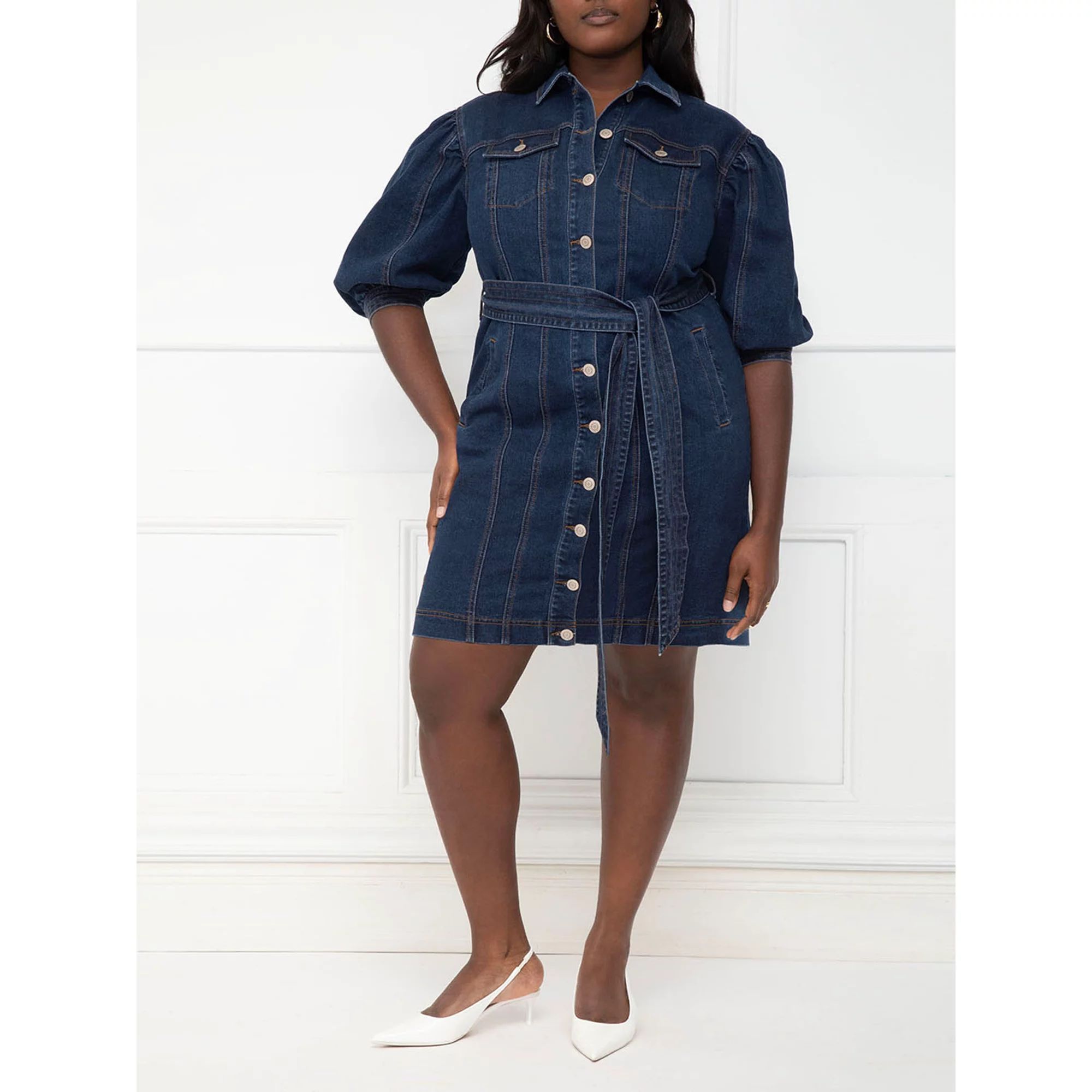 ELOQUII Elements Women's Plus Puff Sleeve Denim Jacket Dress | Walmart (US)