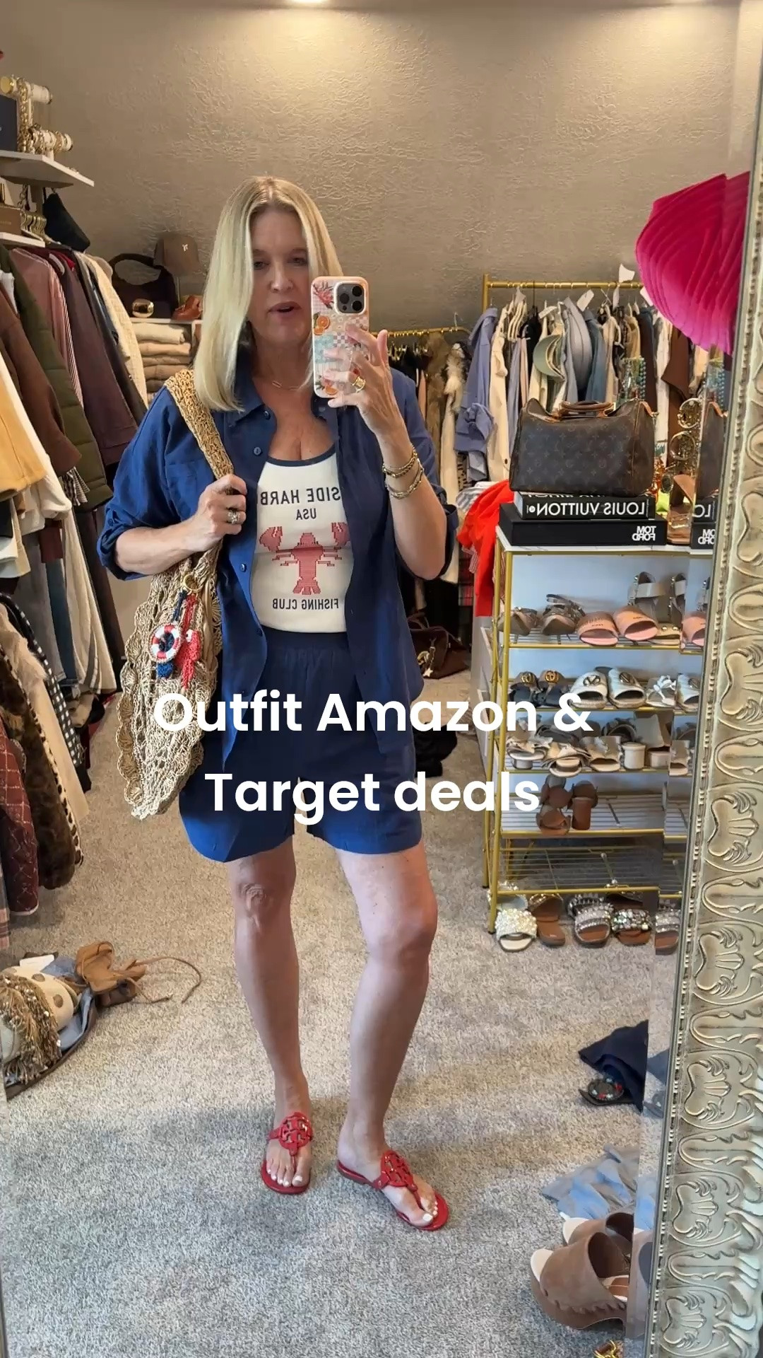 Today’s daily Outfit inspo
Amazon & Target deals🎯🛒

🚨 deals
Amazon linen set, comes in several colors 3/4 sleeve, elastic waste pull on shorts, with posted
Tts I am in med- comes in several colors

-lobster tank $5 tts in med

-raffia circle bag- mines old Anthro (linked similar) 
-Bag charms old target (linked similar to give the vibe) 

Tory Burch miller sandals in red tts

#LTKootd #LTKOver40 #LTKSaleAlert