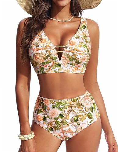Hanna Nikole Womens Bikini Sets High Waisted Swimsuits Tummy Control Full Coverage Bathing Suits Floral Print Two Piece Sexy Swimwear Yellow Leopard | Amazon (US)