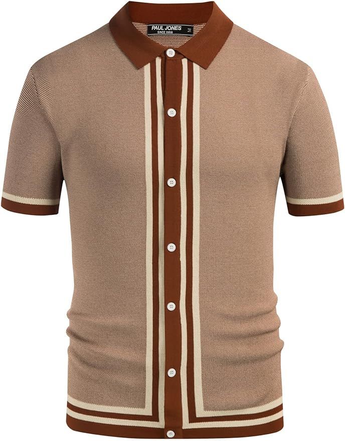 PJ PAUL JONES Men's Vintage Stripe Knit Polo Shirts Short Sleeve Stylish Button Down Cardigan Swe... | Amazon (US)