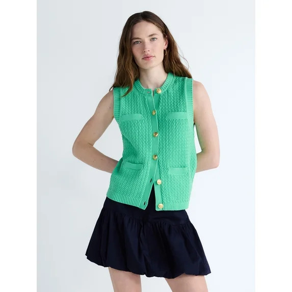 Free Assembly Women's and Women's Plus Button Front Cable Knit Sweater Vest, Lightweight, Sizes X... | Walmart (US)