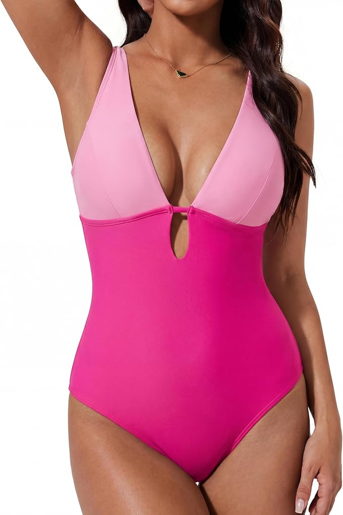 SUUKSESS Women One Piece Tummy Control Swimsuit Deep V Neck Cutout Bathing Suit | Amazon (US)