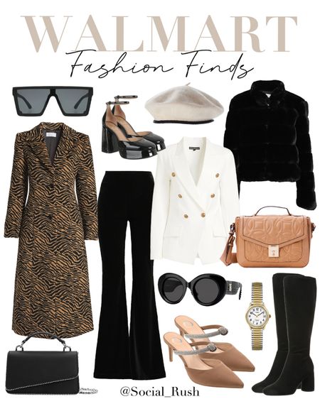 Walmart Fashion Finds, Black Velour Flare Pants, Long Flare Coat, Faux Fur Chubby Jacket, Off-White Gold Button Blazer, Quilted Crossbody Bag, Top Handle Bag, Stiletto Pointed Mules, Shield Black Sunglasses, Oversized Round Sunglasses, Two-Toned Watch, Mary Jane Platform Heels, Charlotte Knee High Boot, Leather Trim Beret | #OutfitInspo #WalmartFashion #WinterStyle

#LTKitbag #LTKstyletip #LTKshoecrush