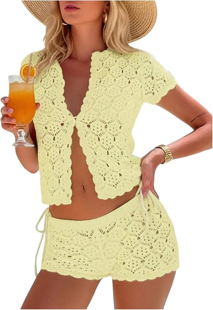 GORGLITTER Women's Crochet Short Sets Short Sleeve Button Down Cardigan Top and Shorts Vacation O... | Amazon (US)