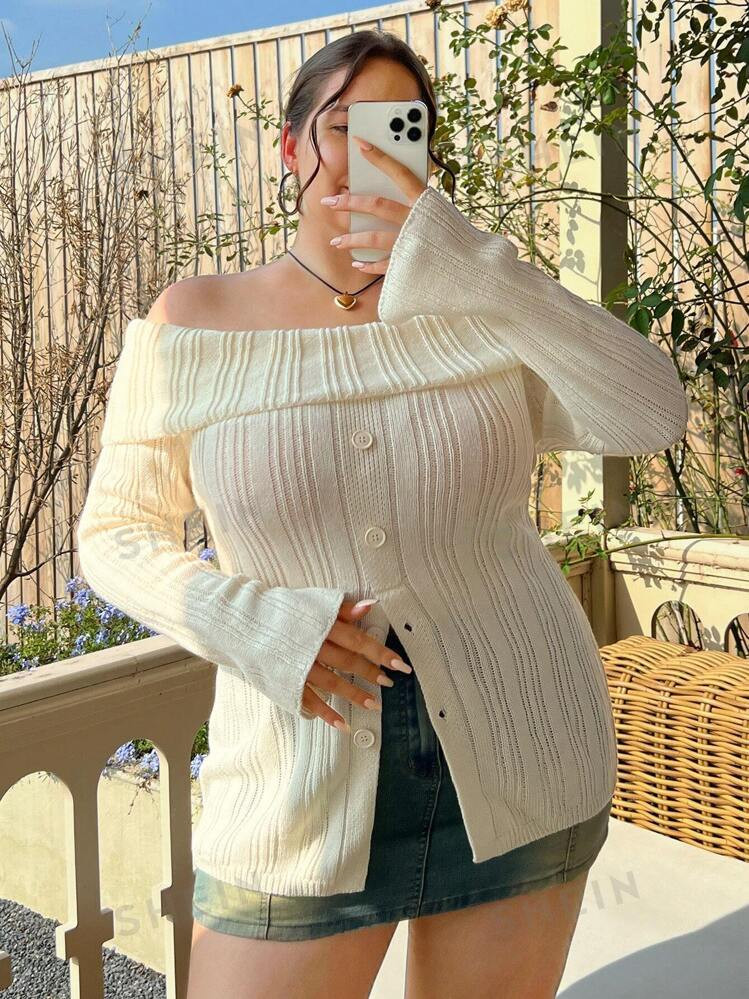SHEIN CURVE+ Plus Foldover Off Shoulder Flare Sleeve Button Front Sweater | SHEIN USA | SHEIN