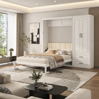 Murphy Bed with Storage Wardrobe and Drawers and Upholstered Headboard, | Wayfair North America