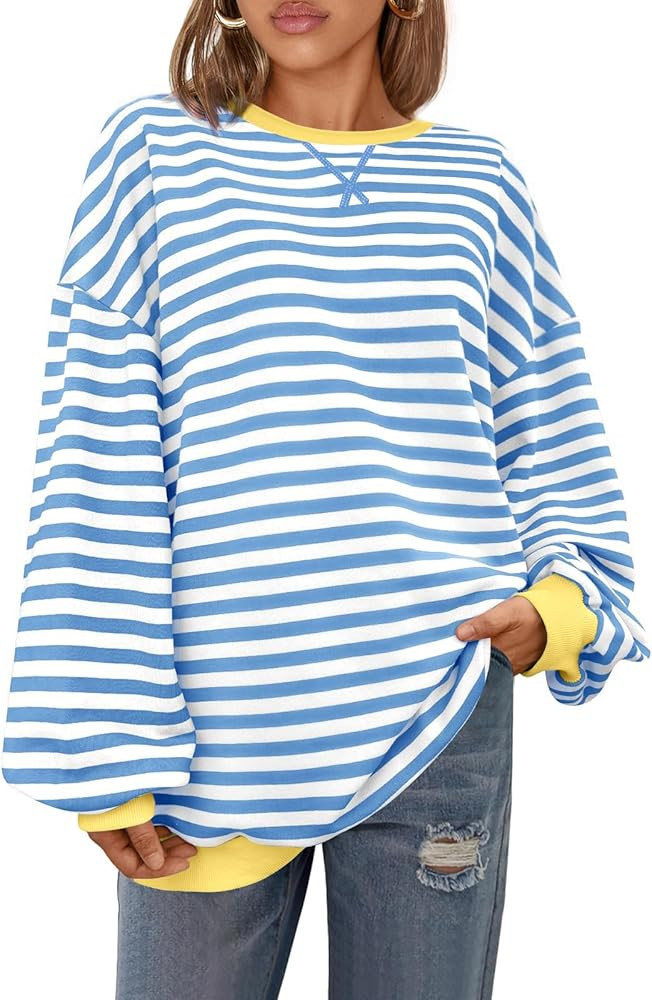 Womens Oversized Striped Sweaters Color Block Long Sleeve Crew Neck Sweater Casual Loose Pullover... | Amazon (US)