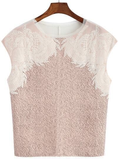 Contrast Lace Pink Tank Top | SHEIN