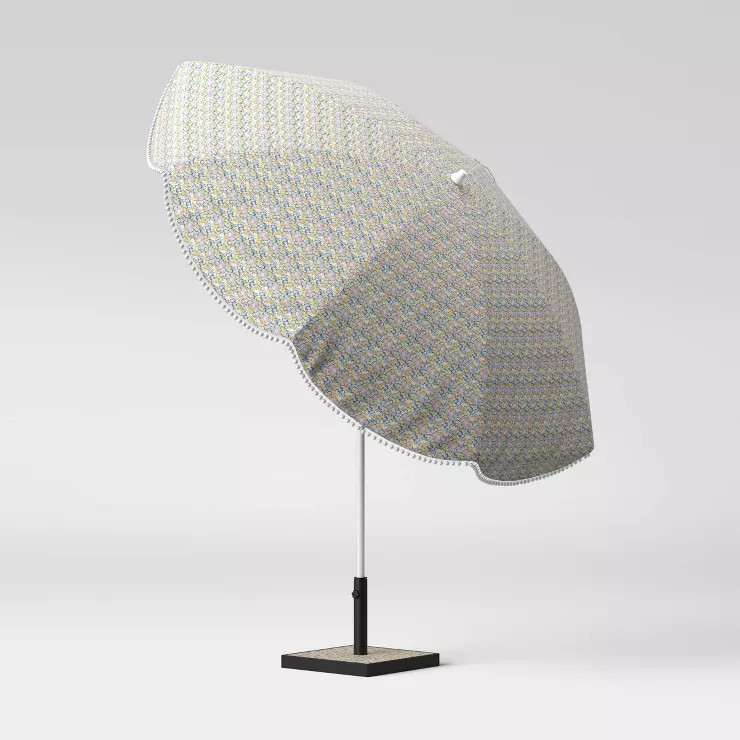 8.5' x 8.5' Scalloped Floral Print with Pom Poms Patio Umbrella DuraSeason Fabric™ Green - Whit... | Target