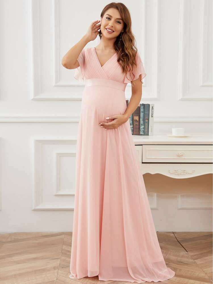 EVER-PRETTY Maternity Plisse Surplice Neck Butterfly Sleeve Chiffon Dress | SHEIN