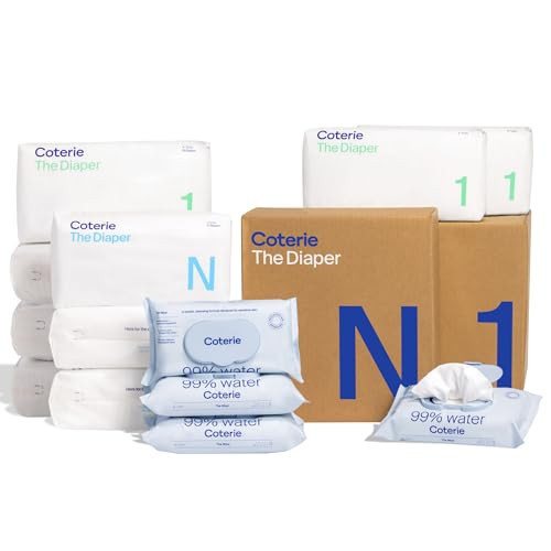 Coterie Baby Wipes + Diapers Kit, Size 1 (198 Count) & Size Newborn Diapers (93 Count), 4 Pack (224) Wipes with 99% Water, Plant Based Materials, Hypoallergenic for Sensitive Skin, Baby Essentials | Amazon (US)