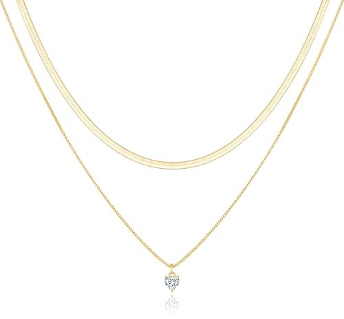 Jewlpire Gold Layered Necklaces for Women, 14K Plated Gold Choker Necklace for Women Trendy Dainty Gold Herringbone Necklace CZ Heart Pendant Necklace for Women | Amazon (US)