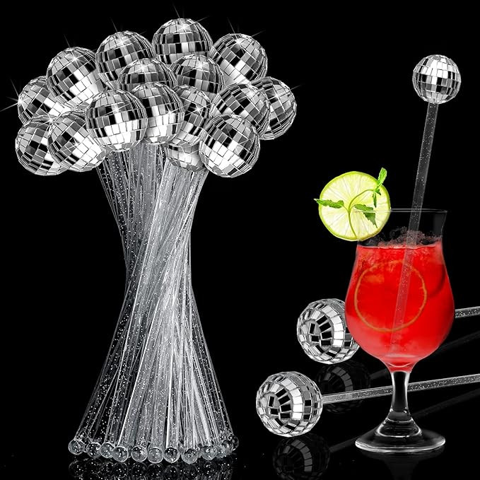 Sawysine 24 Pcs Disco Balls Cocktail Stirrers Silver Disco Ball Decorative Swizzle Sticks 8 Inch ... | Amazon (US)