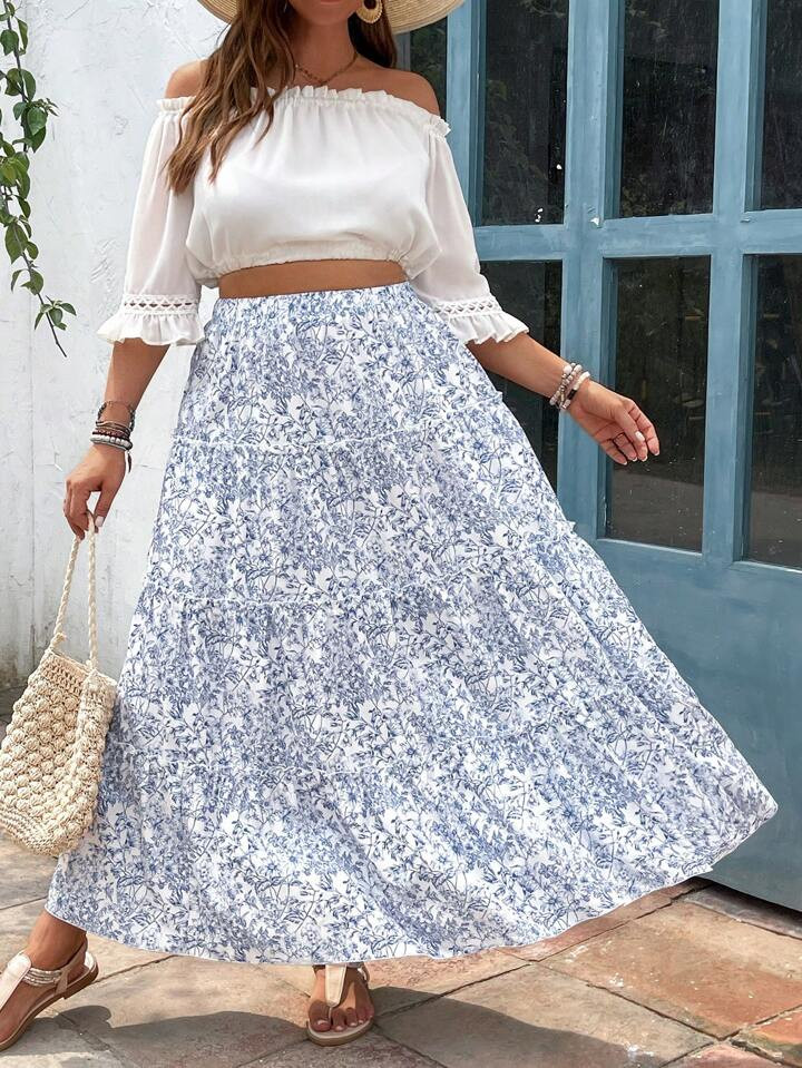 SHEIN VCAY Plus Size Ditsy Floral Patchwork Long A-Line Skirt For Vacation & Casual Occasions | SHEIN