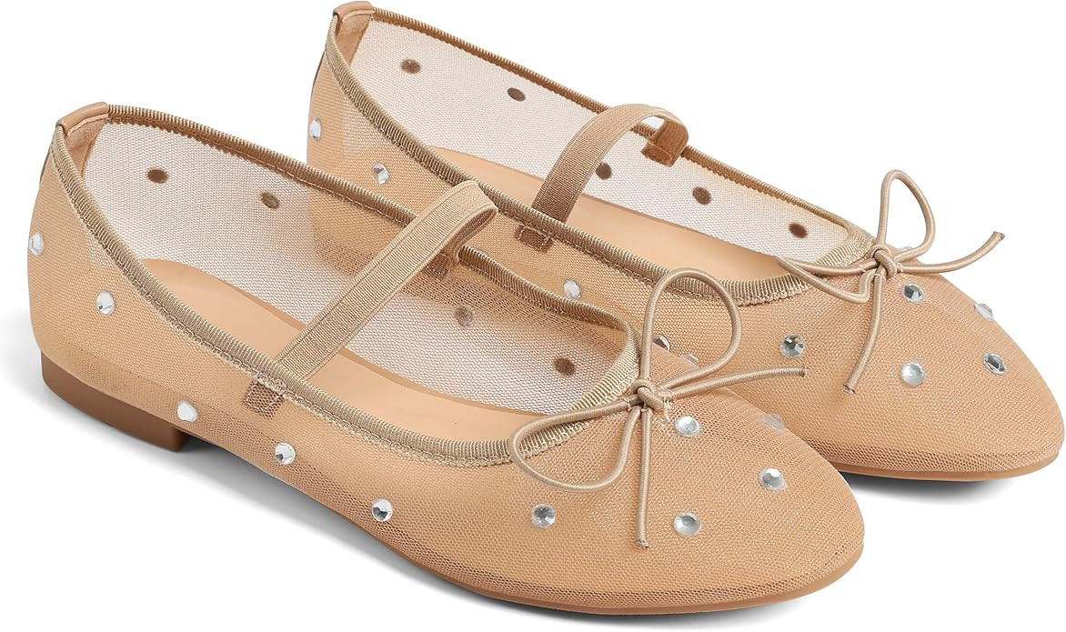 Ballet Flats for Women Mesh Shoes Bow Style Rhinestone Women's Flats Fashion Dressy Round Toe Sum... | Amazon (US)