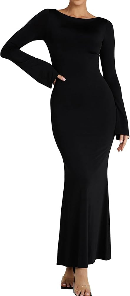GLNEGE Women's Long Sleeve Bodycon Maxi Dress Elegant Fitted Crew Neck Lounge Dresses | Amazon (US)
