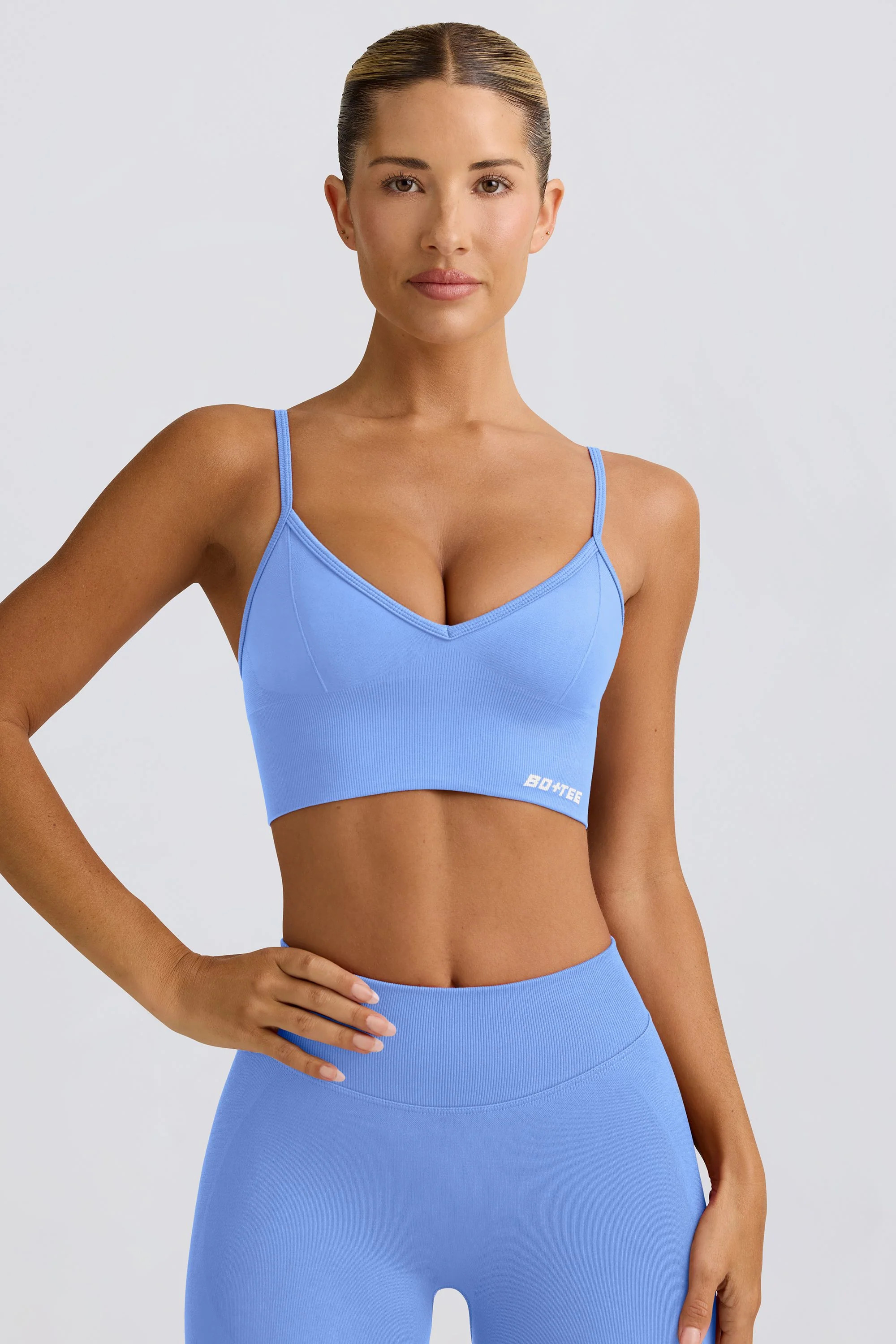 Define Luxe V-Neck Sports Bra in Light Blue | Bo+Tee