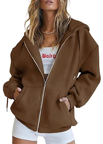 PRETTYGARDEN Women's 2024 Zip Up Y2K Hoodies Casual Long Sleeve Sweatshirts Fall Track Jackets With Pockets (Brown,X-Large) | Amazon (US)