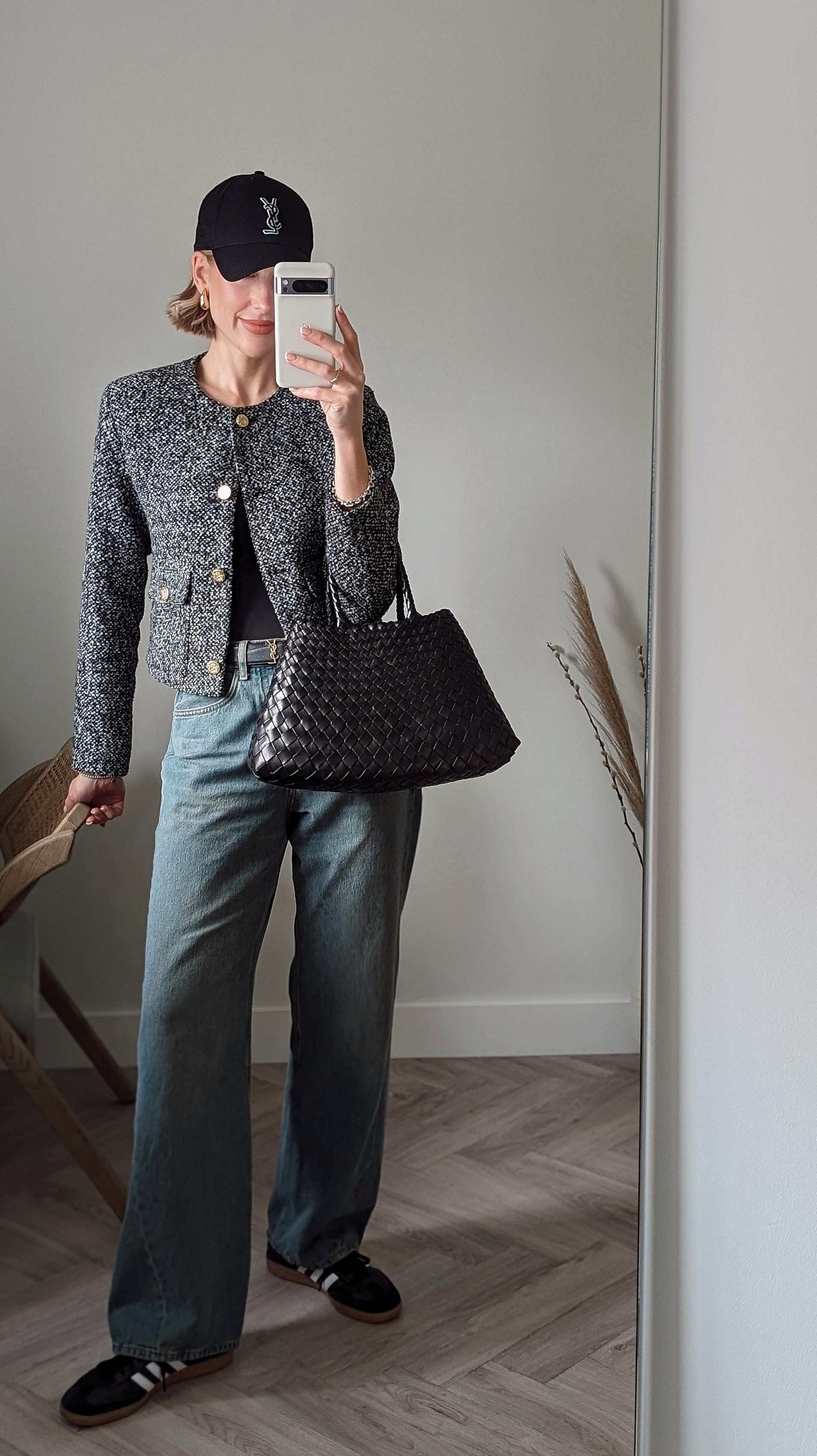 #30daysofoutfits day 3 - casual tomboy chic ✨• Abercrombie boucle jacket • YSL Cap• Skims bodysuit• YSL belt• COS jeans• Dragon diffusion bag• Adidas samba deacon trainers #tomboy #casualchic 

#LTKshoecrush #LTKeurope #LTKitbag