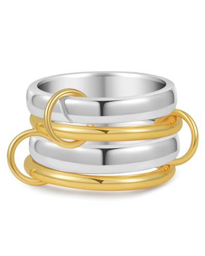 QQUQQU Gold Stackable Rings for Women Non Tarnish, Dainty 14K Gold Plated Stacking Rings with CZ Cubic Zirconia, Mixed Metal Multi Ring Stacks Interlocked Ring Jewelry Gift (Size:7-8) | Amazon (US)