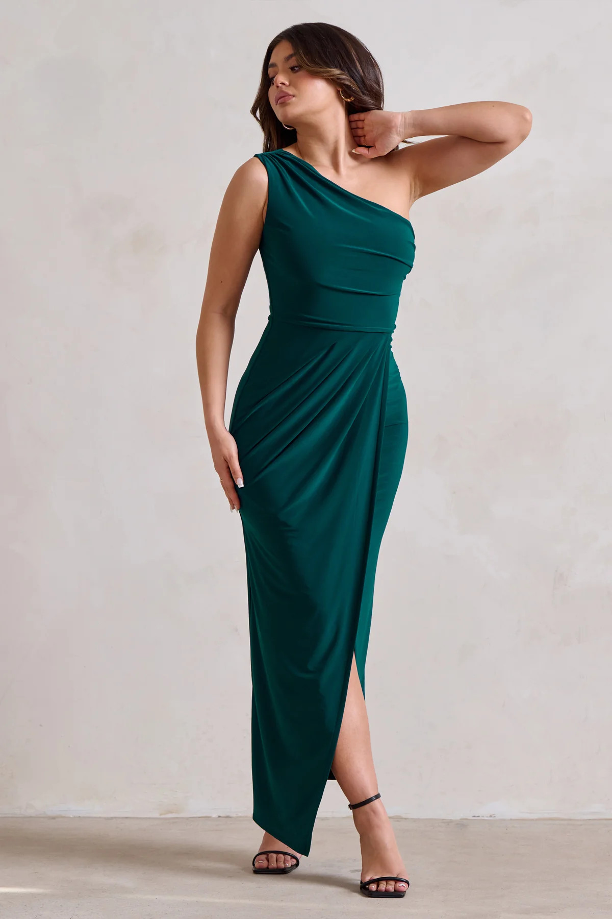 Athena | Bottle Green One Shoulder Maxi Dress | Club L London