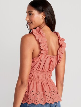 Sleeveless Waist-Defined Ruffle-Trimmed Embroidered Babydoll Blouse for Women | Old Navy (US)