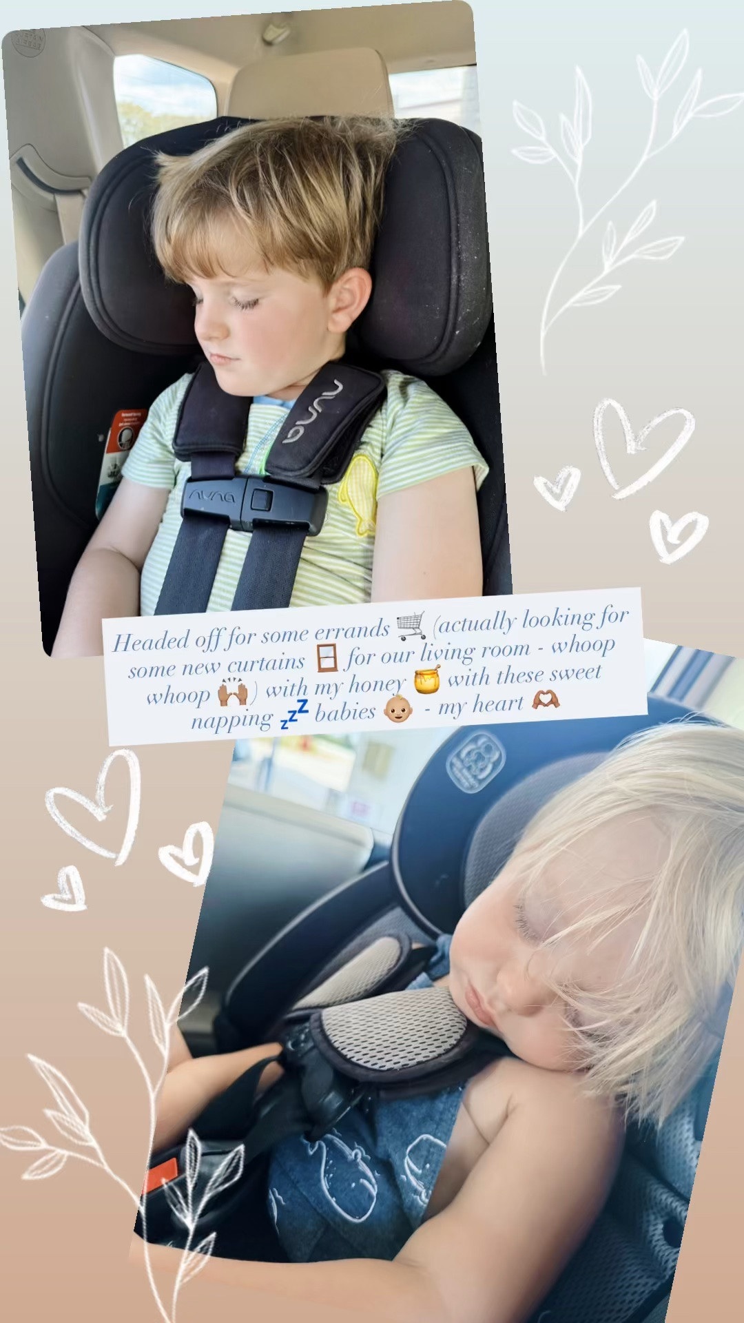 Headed off for some errands 🛒 (actually looking for some new curtains 🪟 for our living room - whoop whoop 🙌🏽 ) with my honey 🍯 with these sweet napping 💤 babies 👶🏼  - my heart 🫶🏽