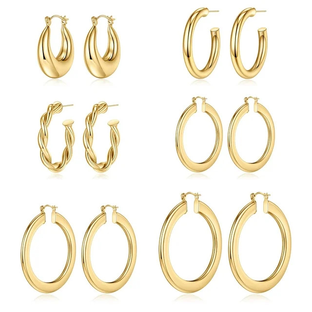 TURANDOSS Gold Hoop Earrings Set for Women 14K Gold Plated Lightweight Chunky Gold Hoop Earrings ... | Walmart (US)