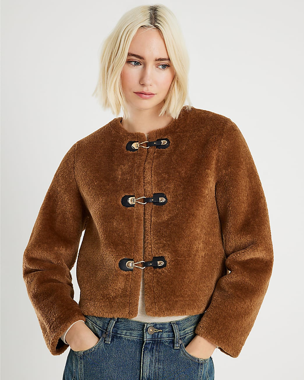 Brown Faux Fur Collarless Jacket | River Island UK & IE