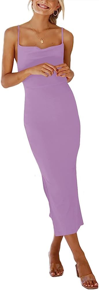 Umenlele Women's Sexy Cowl Neck Backless Split Ribbed Sleeveless Bodycon Midi Dress | Amazon (US)