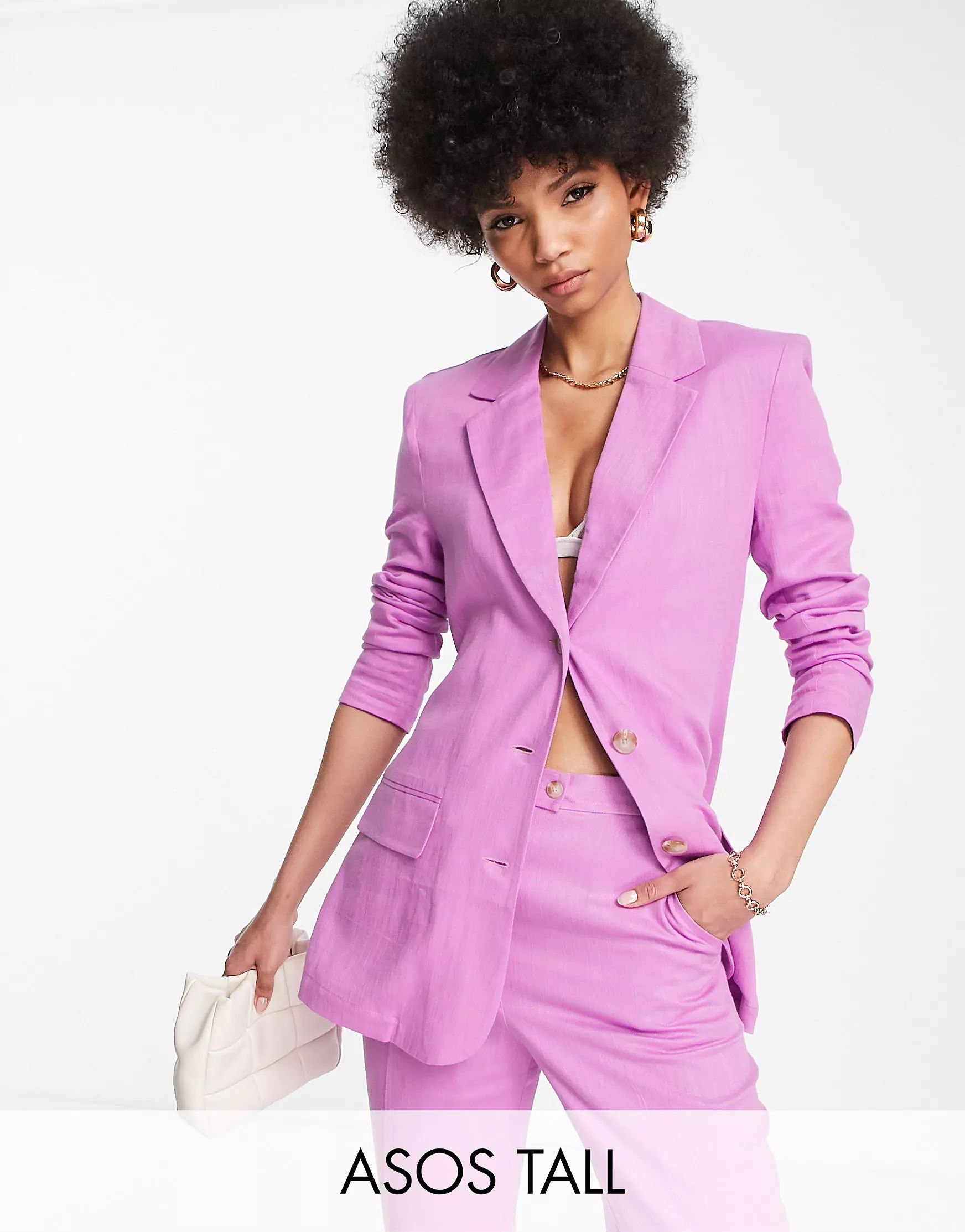 ASOS DESIGN Tall linen slim straight suit blazer in pink | ASOS (Global)