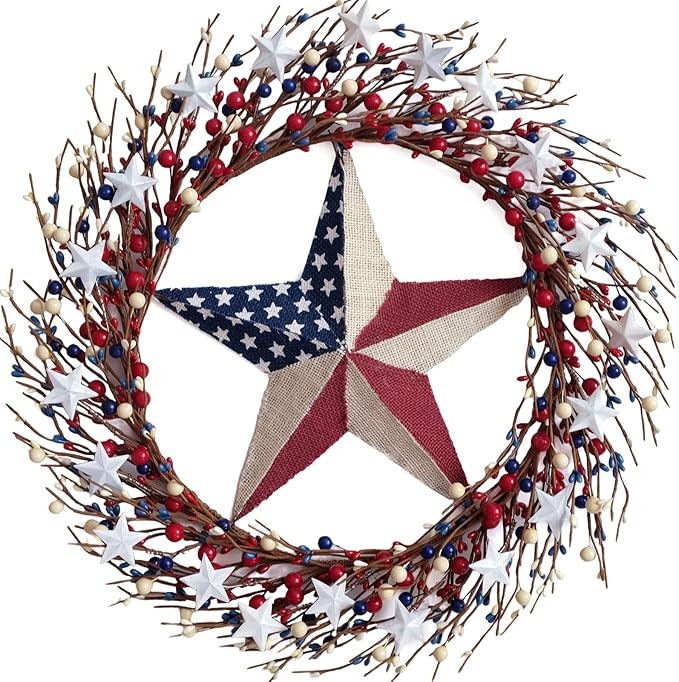20 Inch Patriotic Wreath for Front Door, Burlap American Flag Star, Artificial 4th of July Decora... | Amazon (US)