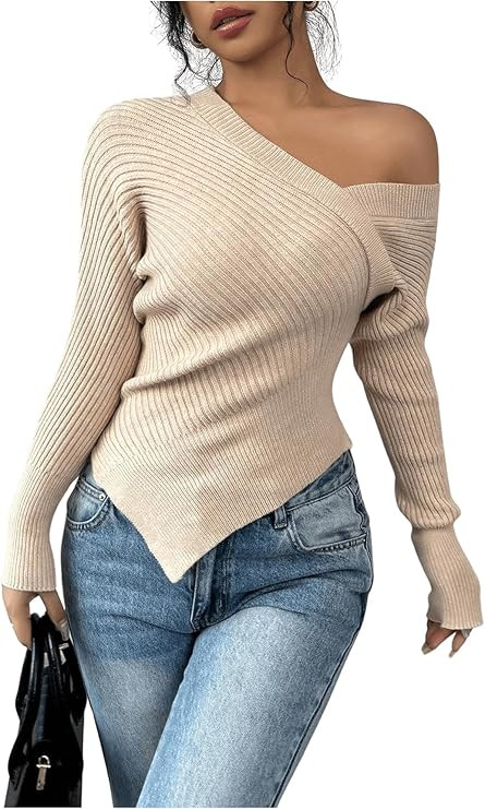 MakeMeChic Women's Off The Shoulder Long Sleeve Sweater Asymmetrical Wrap Lightweight Pullover To... | Amazon (US)
