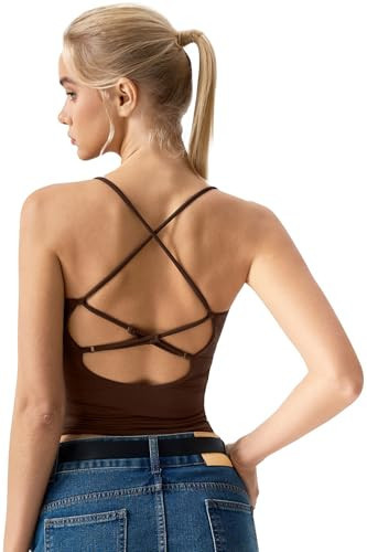 QINSEN Spaghetti Strap Tank Tops for Women V Neck Cross Back Camisole Top Sleeveless Slim Fitted Going Out Top Coffee Bean L | Amazon (US)