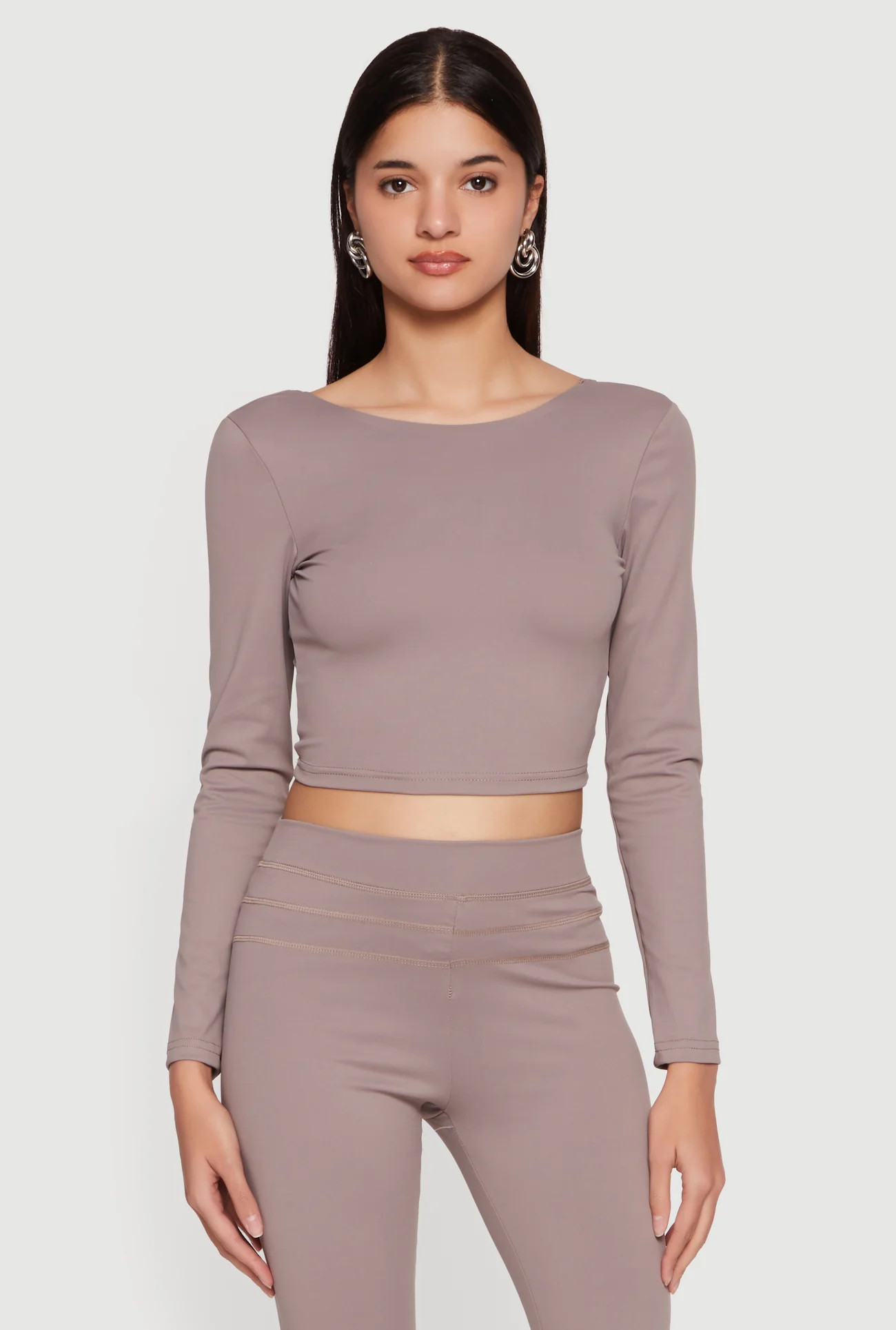 Long Sleeve Boat Neck Open Twist Back Crop Top | Rainbow Shops