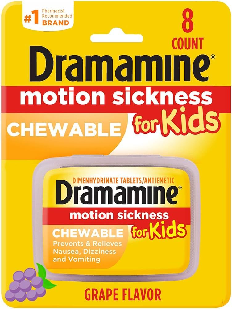 Dramamine Motion Sickness for Kids, Chewable, Dye Free, Grape Flavored, 8 Count | Amazon (US)