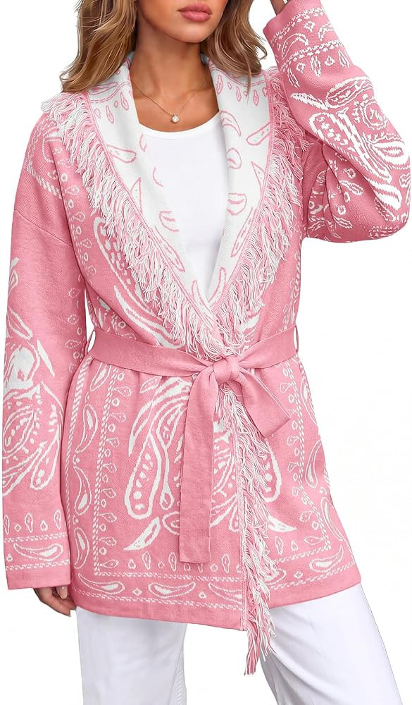 Saodimallsu Womens Fall Tassel Shawl Collar Cardigan Paisley Wrap Sweaters | Amazon (US)