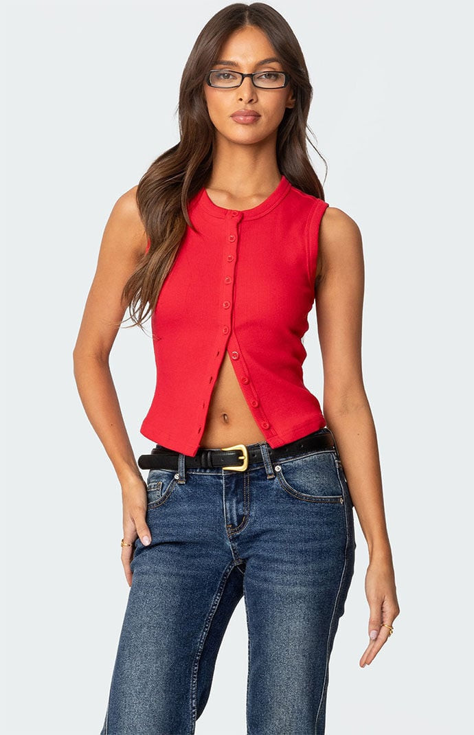 Edikted Women's Basel Button Up Tank Top in Red - Size XS | PacSun