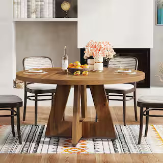 Roessler Farmhouse Oak Wood 47 in. W Pedestal Round Dining Table without Chairs, Kitchen Dining T... | The Home Depot