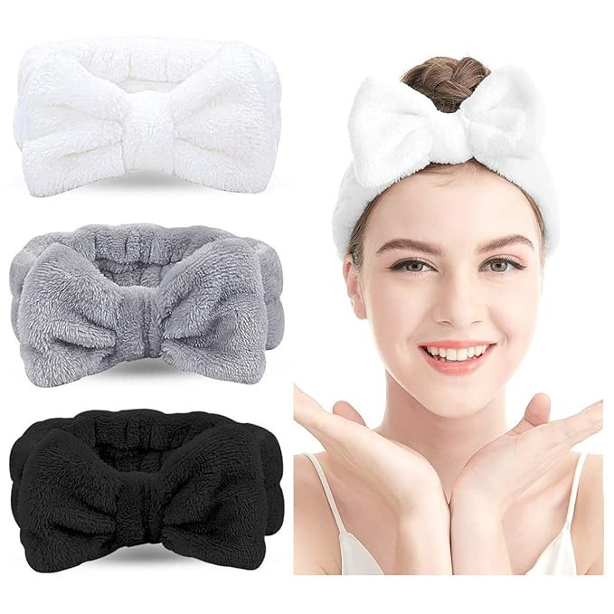 Spa Headband - 3 Pack Bow Hair Band Women Facial Makeup Head Band Soft Coral Fleece Head Wraps Fo... | Amazon (US)