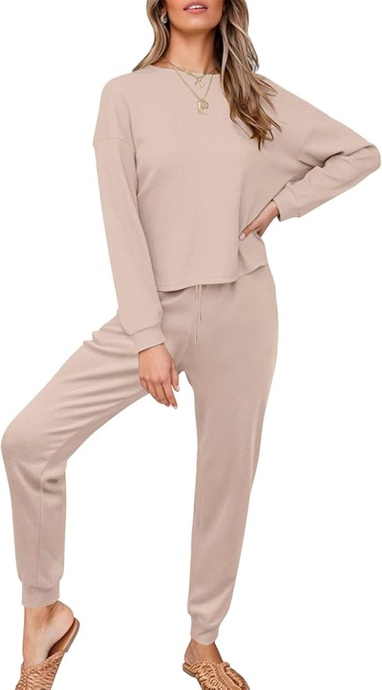 ZESICA Womens Waffle Knit Outfits Set Casual Long Sleeve Top and Pants Two Piece Loungewear Sweatsui | Amazon (US)
