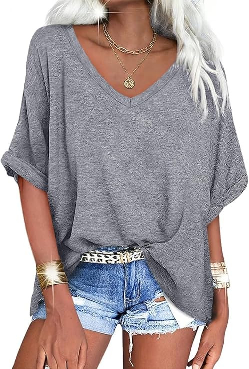 UNCLECAT Women's V Neck Oversized T-Shirts Summer Short Sleeve Shirts Loose Casual Tops Tee | Amazon (US)