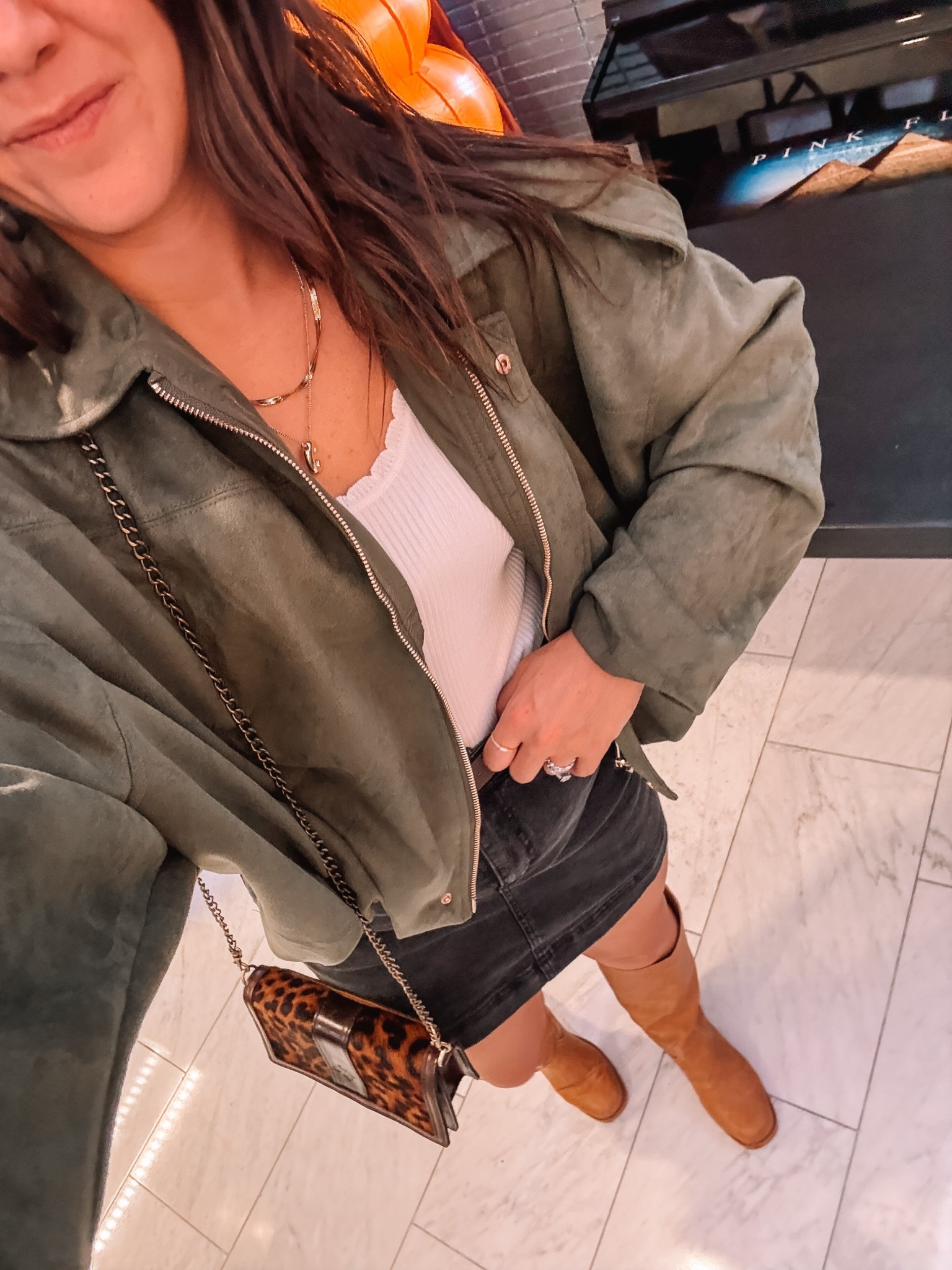 Such a fun date night outfit! The skort is the best. Stretchy and flattering. Also loving this Zara look for less suede jacket 😍 

Medium 
Knee high boots fit tts 

Fall outfits
Thanksgiving outfit
Thanksgiving day outfit 
Thanksgiving outfits 

#LTKFindsUnder50 #LTKShoeCrush #LTKHoliday