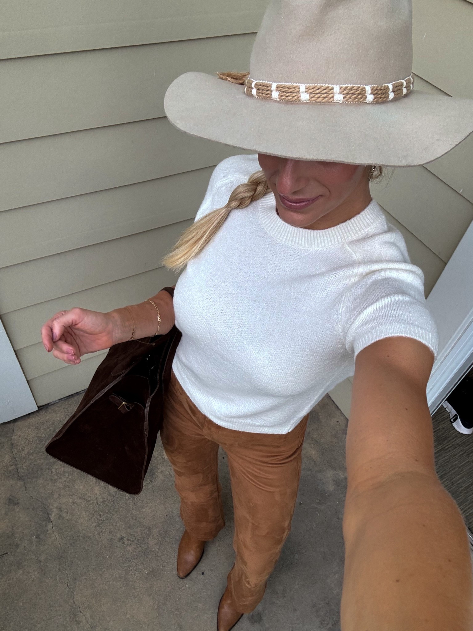 Western Fall Fashion 
Suede pants abercrombie 4 long
Top Abercrombie size small
Boots and bag Amazon 

#LTKSeasonal #LTKTall #LTKSaleAlert
