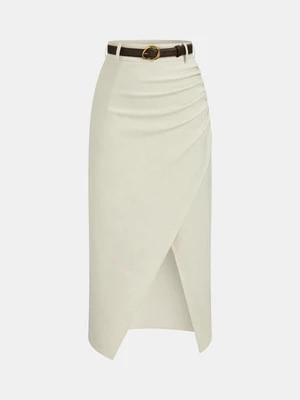 Belted Linen Blend Ruched Wrap Midi Skirt | Commense